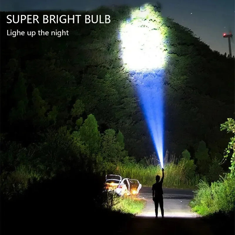 High-power rechargeable flashlight with side light, 3 lighting modes, suitable for camping, outdoor activities, and adventures