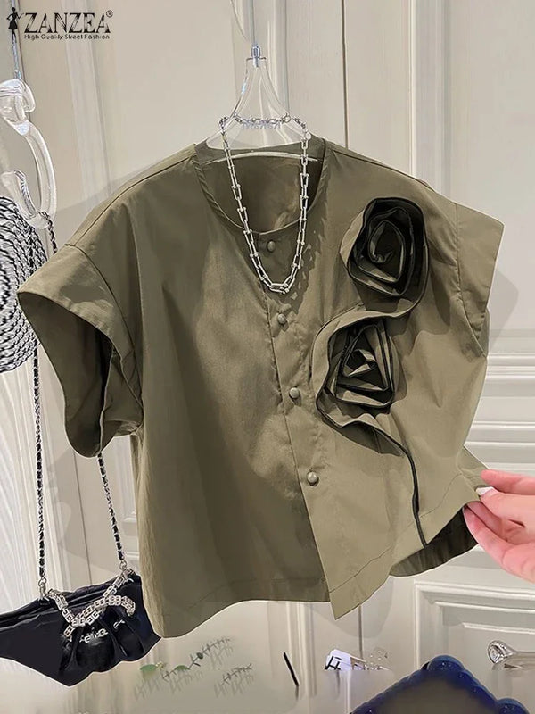 ZANZEA Summer Blouses Women Three - D Flowers Shirts Short - View 3 | SAMAG