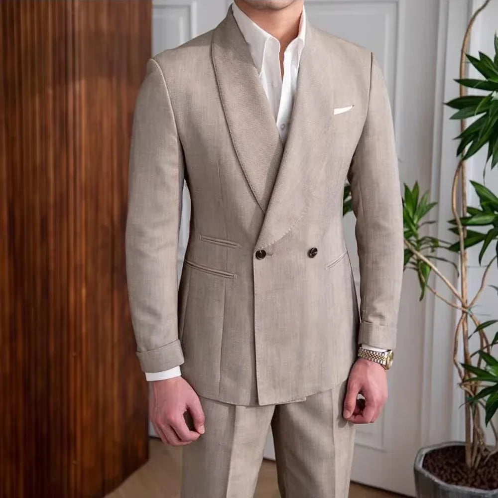Men's Linen Suit 2-Piece Khaki Shawl Collar Double-Breasted Slim Fit Breathable Jacket and Pants Formal Set for Summer Business