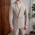 Men's Linen Suit 2-Piece Khaki Shawl Collar Double-Breasted Slim Fit Breathable Jacket and Pants Formal Set for Summer Business