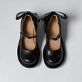 Arden Furtado Women's Mary Jane Shoes Cowhide Leather Round Toe High Heels Bowknot Chunky Pumps with Belt Buckle