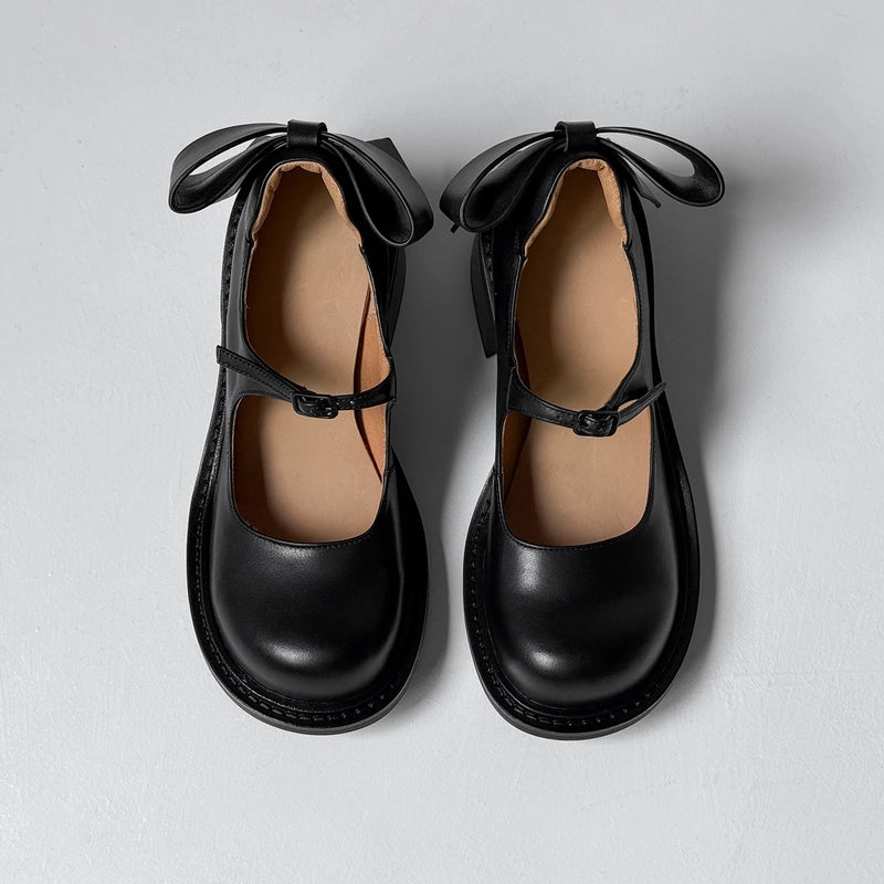 Arden Furtado Women's Mary Jane Shoes Cowhide Leather Round Toe High Heels Bowknot Chunky Pumps with Belt Buckle