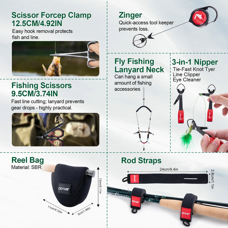 Goture Portable Complete Fly Fishing Rods Set 8-sections 9FT Fly Rod Reel Line Hooks Accessory Combo Full Fly Fising Rod Kit