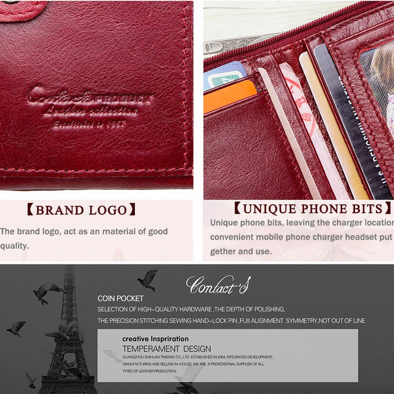 CONTACT'S Fashion Genuine Leather Women Wallet Bifold Card Holder Coin Purse Small Women's Purse Money Clip Men Pocket Wallets