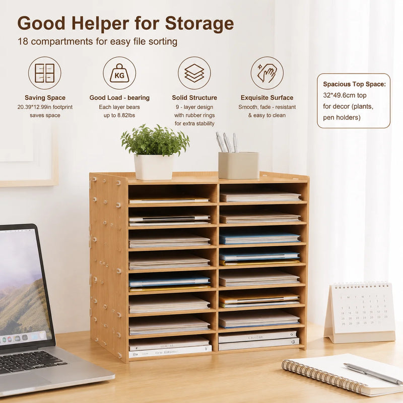 9-Tier 18 Compartments Golden Oak Wood File Literature Organizer Desk Floor Large Mailbox Center Keeper A4 Document Book Magazine Storage Bookshelf Sturdy Load Bearing Easy Assembly Space Saving for Home Office School Classro