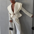 Laur 2026 Oversized Double Layer Lapel Cropped Blazer Two Piece Set High Waist Wide Leg Trousers Elegant Formal Matching Outfit