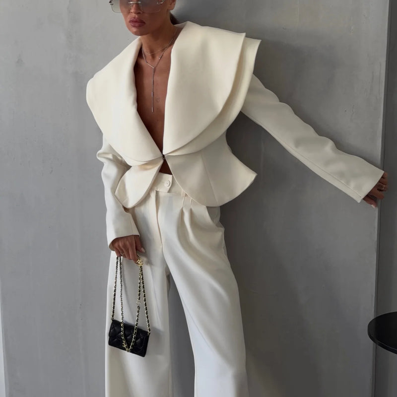 Laur 2026 Oversized Double Layer Lapel Cropped Blazer Two Piece Set High Waist Wide Leg Trousers Elegant Formal Matching Outfit