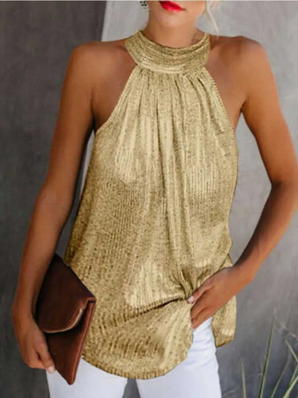 Women Gold Blouse 2025 New Fashion High Neck Sleeveless Hatler Tank Top Vest Summer Casual Loose Blouse Shirt Tee
