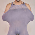 Men's Stripe Thin Bodysuit High Elastic Sheer See Through Tights U Convex Pouch Sexy Breathable Playsuit Man Shaper Dance Wear