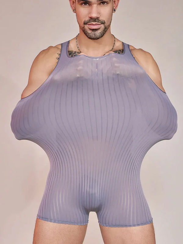 Men's Stripe Thin Bodysuit High Elastic Sheer See Through Tights U Convex Pouch Sexy Breathable Playsuit Man Shaper Dance Wear