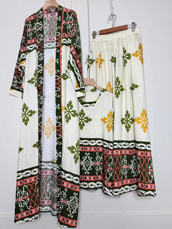 Design retro positioning printed long cardigan+vest three piece set for spring women's clothing+loose pants skirt fashion set