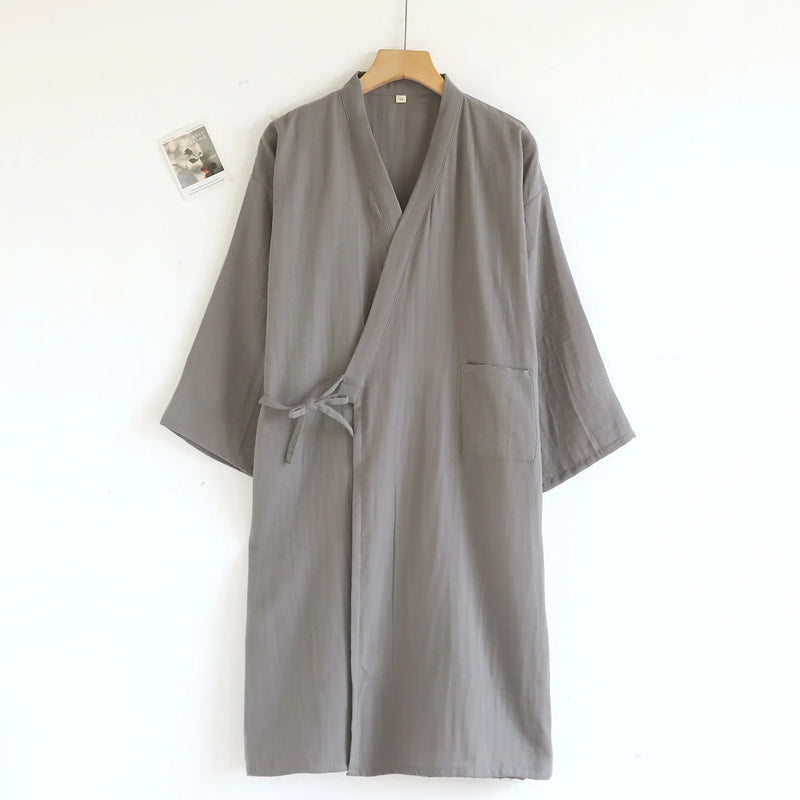 2026 New Men's 100% Cotton Gauze Bath Robes Loose Thin Japanese Kimono Pajamas for Men Casual Lace Up Bathrobes V-Neck Nightgown