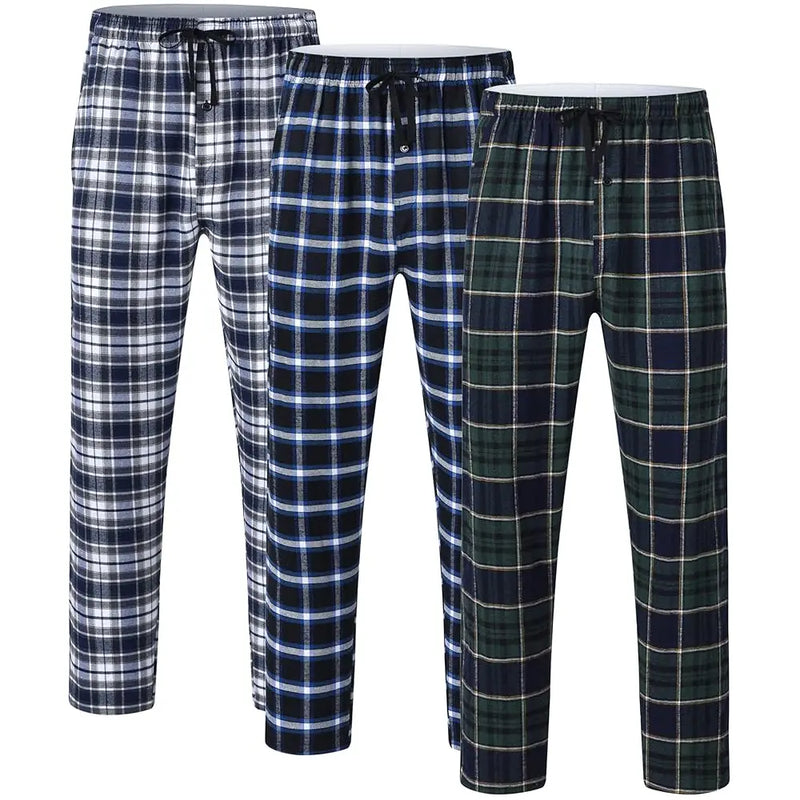 Men's 3Pcs Pajama Sleeping Pants Cotton Plaid Pjs, Long Plaid Print Sleepwear Pajama Pants with Elastic Waist Homewear