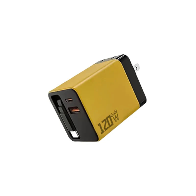 3 In 1 120W GaN Charger USB Type C Fast Charging Phone Charger Adapter With Retractable USB C Cable Wall Plug For iPhone Huawei