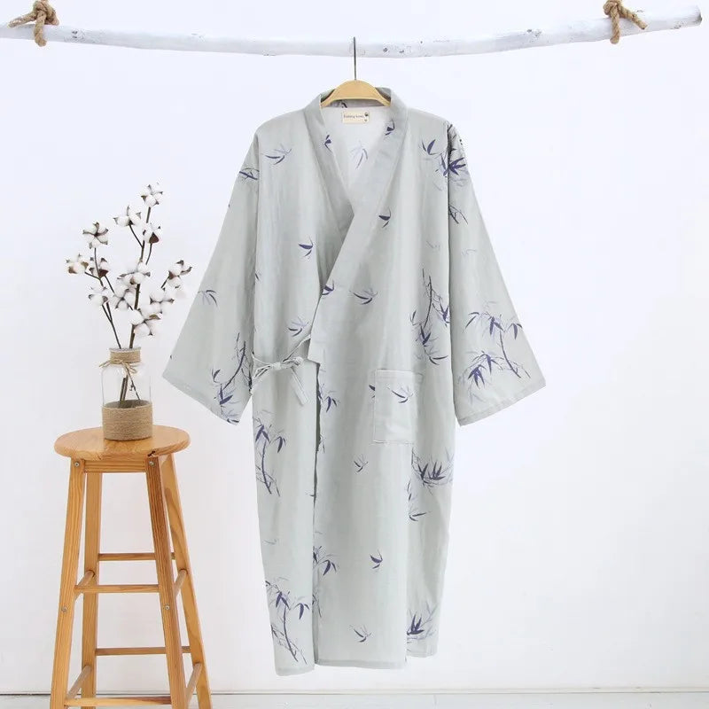 2026 New Men's 100% Cotton Gauze Bath Robes Loose Thin Japanese Kimono Pajamas for Men Casual Lace Up Bathrobes V-Neck Nightgown