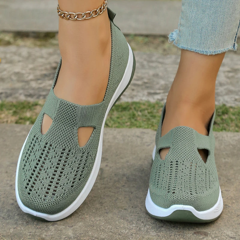 Women's shoes, women's casual shoes, solid color breathable sports shoes, soft-soled lightweight walking shoes, low-top knitted