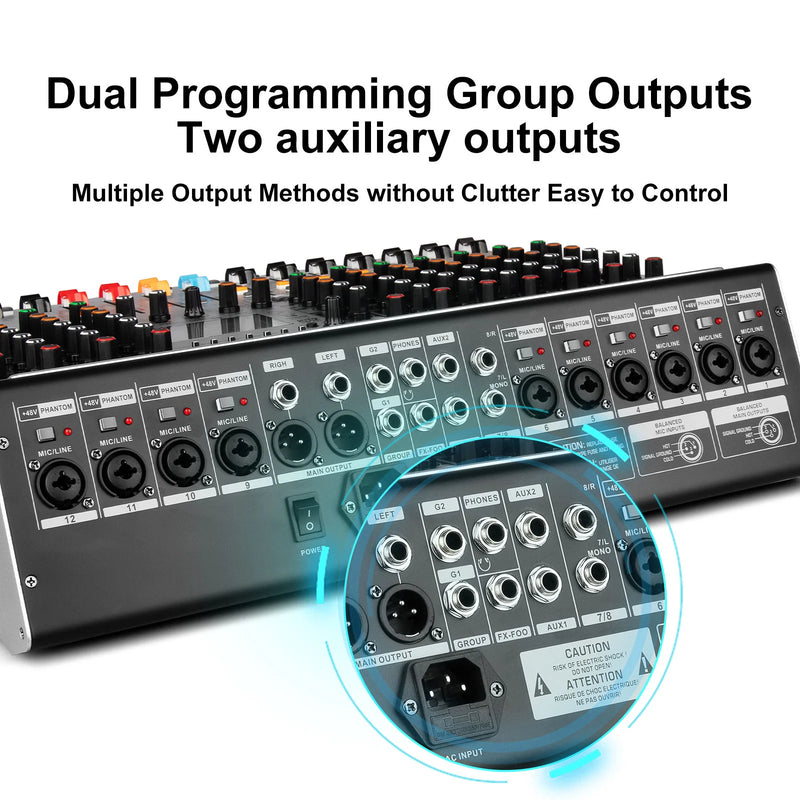 FLALWREO 8 / 12Channel Audio Interfacer DJ Mixer Sound Board 99-Bit DSP Effect USB Audio Mixer Effects +48V Phantom Bluetooth fo