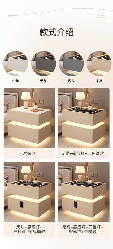 Modern Style Solid Wood Bedside Table with Wireless Charging Smart 2 Drawers Bedroom Nightstands with Lock 40/45/50cm