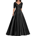 A Line Women Evening Dresses Satin Appliques V Neck Prom | SAMAG