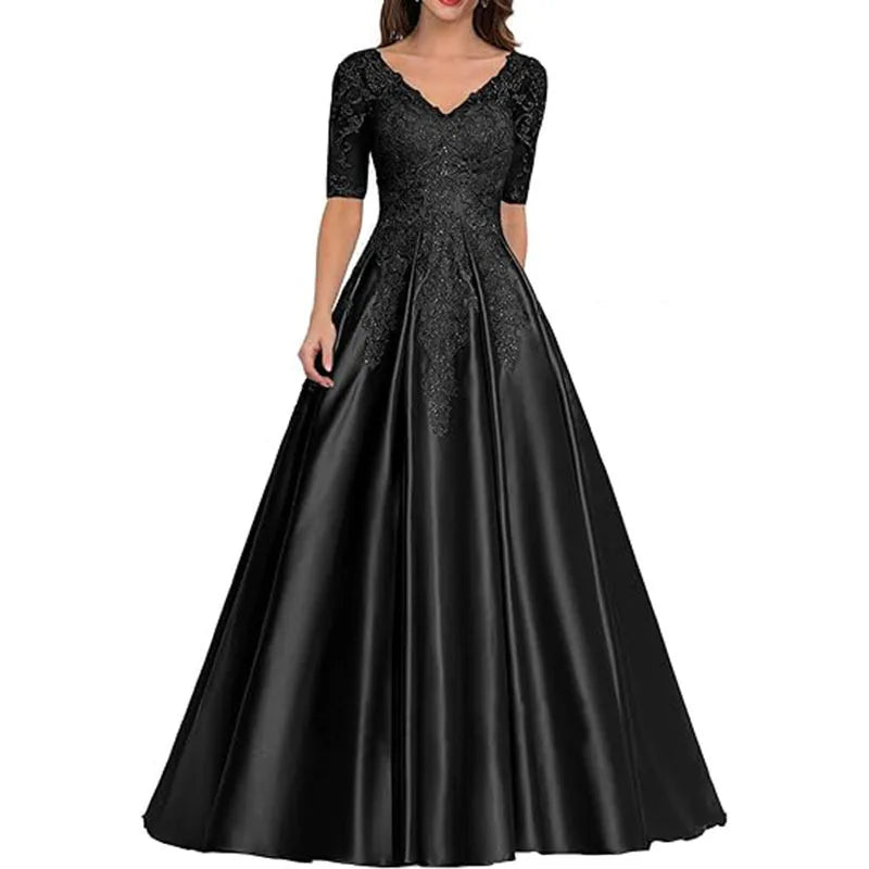 A Line Women Evening Dresses Satin Appliques V Neck Prom | SAMAG
