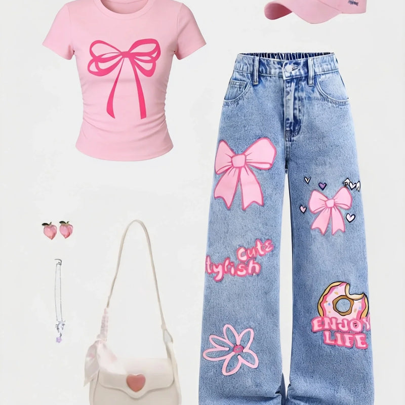 Girls' Y2K Style 2 - Piece Set: Pink Bow - Print Slim - Fit - View 3 | SAMAG