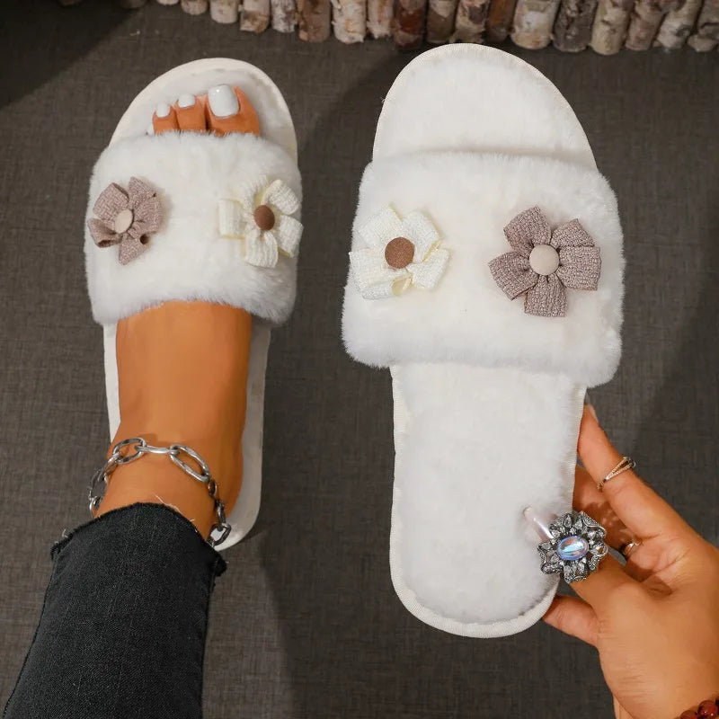 Winter New Flower Decor Comfort Soft Soled Women Cotton Slippers 2026 Fashion Solid Round Toe Plush Warm House Women's Shoes
