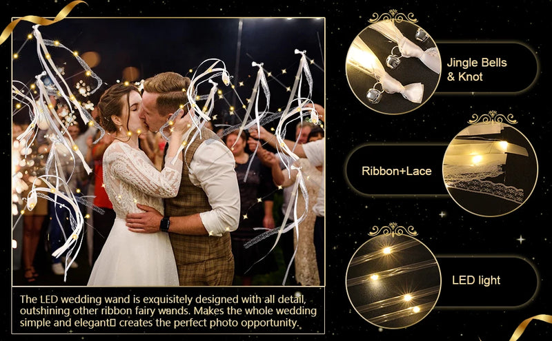 12-60Pcs Light Up Wedding Sparklers LED Wedding Wands Streamers Silk Fairy Wands with Bells  for Wedding Birthday Party Supplies