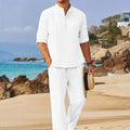 Men's White Linen Suit Set Long Sleeve Henley Shirt | SAMAG