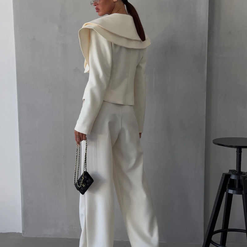 Laur 2026 Oversized Double Layer Lapel Cropped Blazer Two Piece Set High Waist Wide Leg Trousers Elegant Formal Matching Outfit