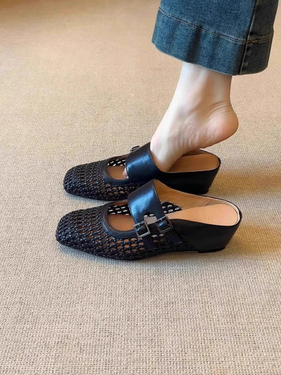 Women Woven Mules Hollow Out Leather Clogs Double Strap | SAMAG