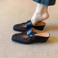 Women Woven Mules Hollow Out Leather Clogs Double Strap Buckle Wedge Slippers Vintage Closed Toe Summer Mid Heel Sandals Shoes
