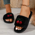 Fashion Trend Cherry Rhinestone Decor Casual Cotton Slippers for Women 2026 Winter New Round Toe Casual Plush Warm Women's Shoes