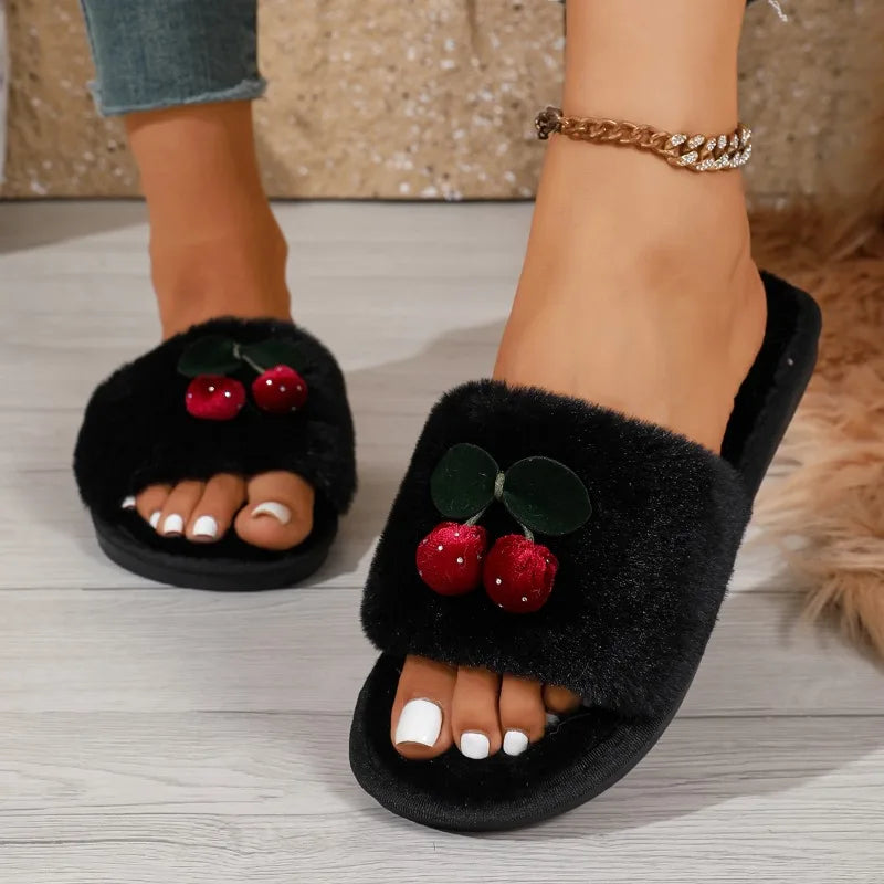 Fashion Trend Cherry Rhinestone Decor Casual Cotton Slippers for Women 2026 Winter New Round Toe Casual Plush Warm Women's Shoes
