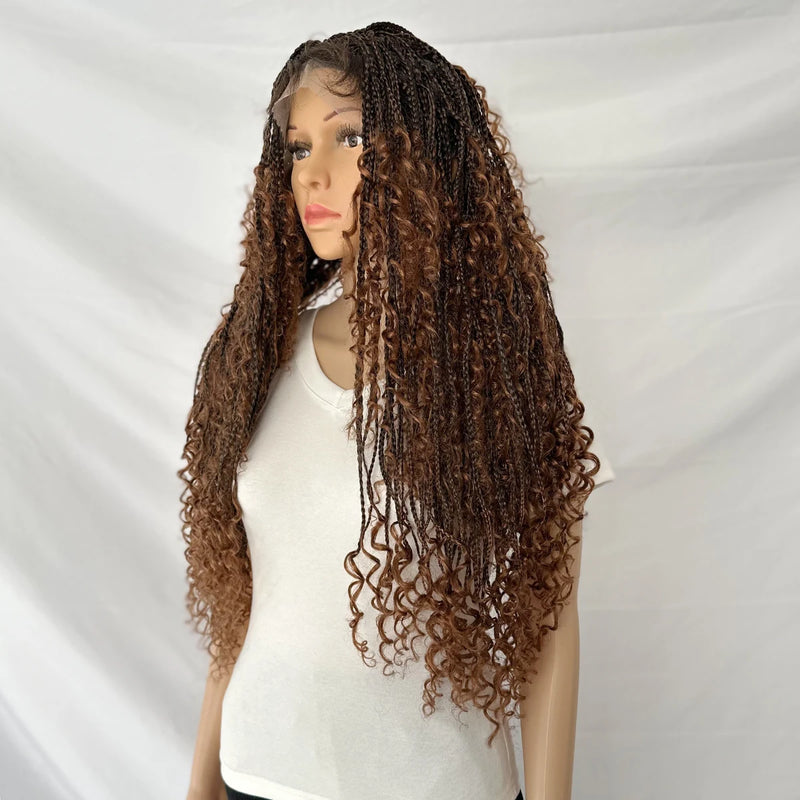 32 Inch Knotless Full Lace Boho Box Braid Synthetic Wig for Women Braided Wigs with Bohemian Curly Ended Double Full Lace
