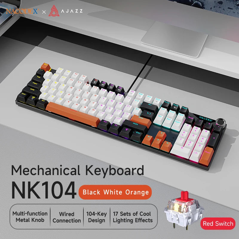 AJAZZ NK104 Mechanical Keyboard Wired Dual-Injection Keycaps 104 Hot-Swapping LED Hybrid Backlight Gamer Keyboard for Laptop PC