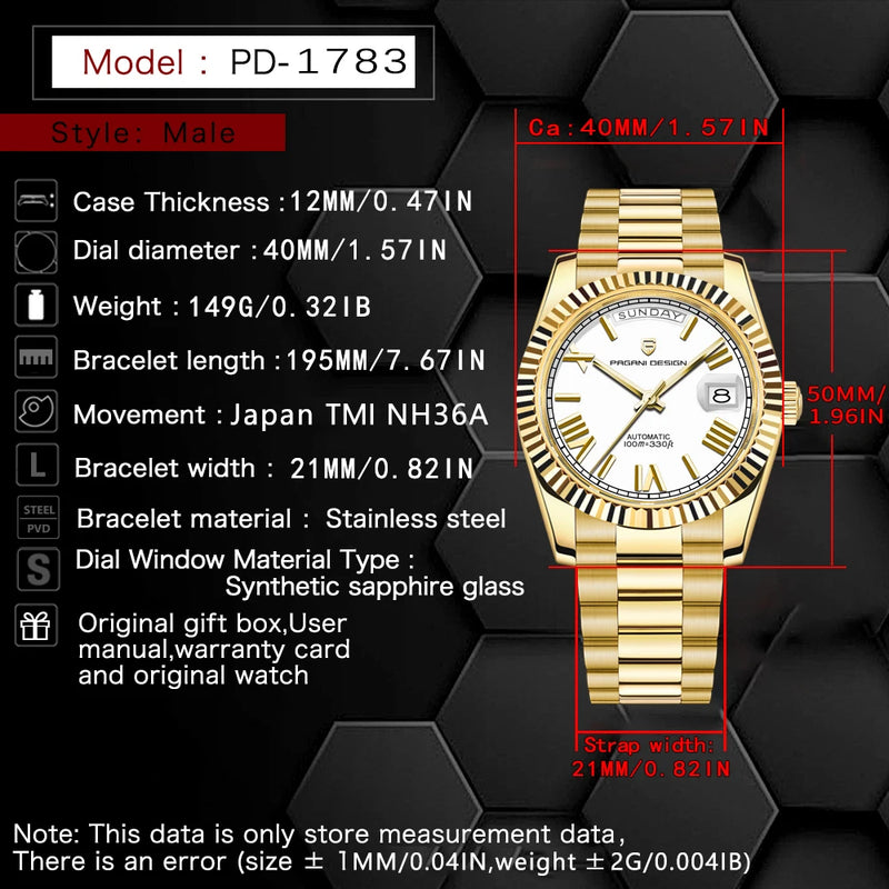 PAGANI DESIGN DD40 Gold White Date Week Luxury Automatic Watches Men TMI NH36A AR Sapphire crystal Mechanical Wristwatch For Men