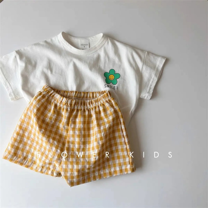 Girls White T-shirt Plaid Shorts /Set Casual Simple Cute | SAMAG