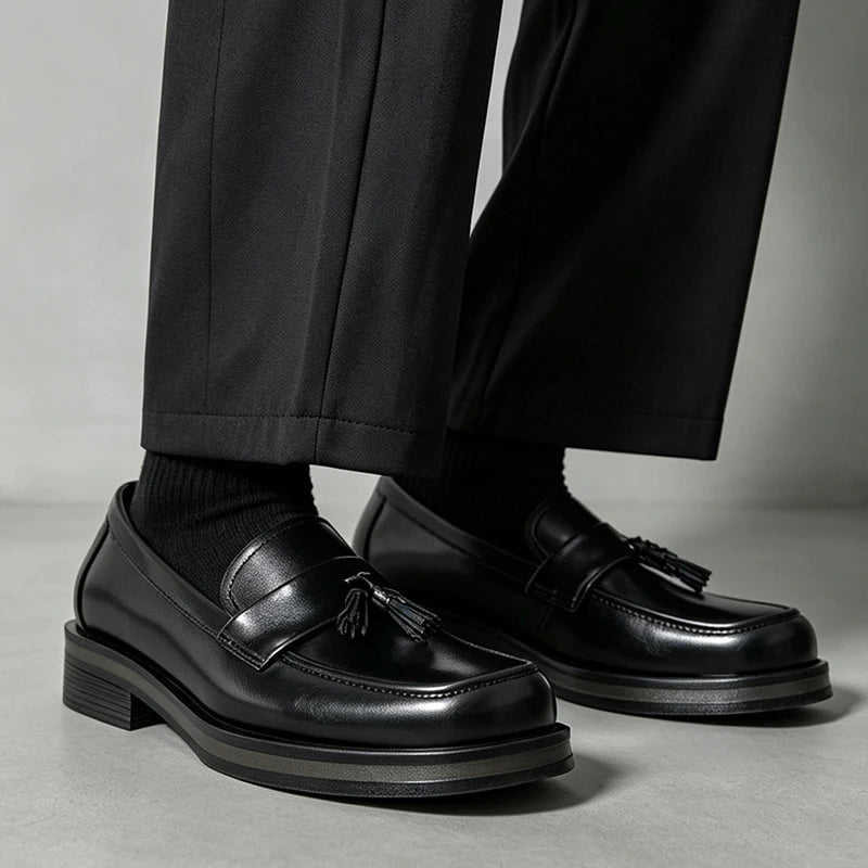Men Square Toe Tassel Loafers Slip On Leather Dress Shoes Classic Business Formal Wedding Office Casual Non Slip Moccasins