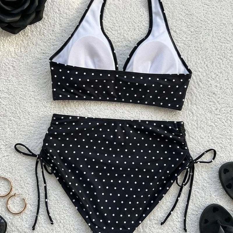 Women's Bikini Swimsuit Set Dots Drawstring High Waist | SAMAG