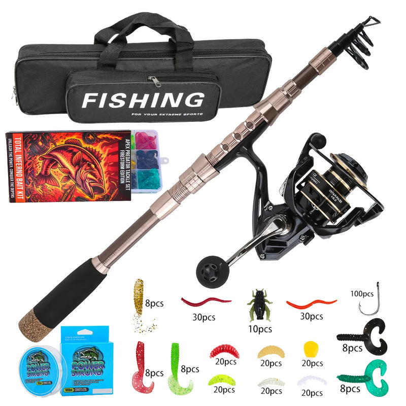 8m Carbon Fiber Telescopic Fishing Rod Reel Combo Full Set Portable With Simulated Soft Lures Hooks Fishing Line Carry Bag For