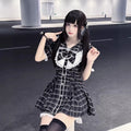 College-Style Retro Gray Plaid Shirt Dress for Women, Summer Sweet Little Girl's Bow Lace Waist-Cinching Short Dress