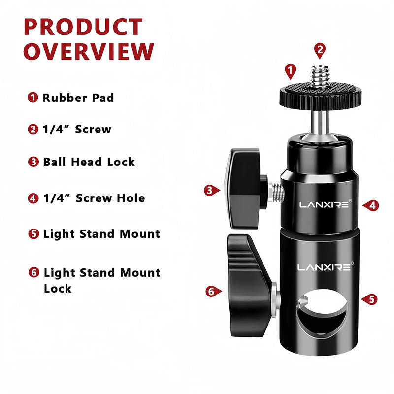 Lanxire Light Stand Adapter with 1/4" Screw Ball Head for Studio Monitor Stand Camera Mount Photo Studio Photography Light Stand