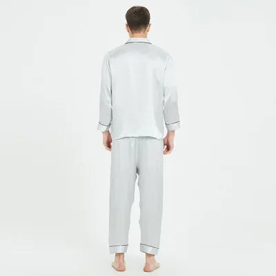 100% silk long-sleeved Sleepwear New silk pajamas for men  spring summer   long Full sleeve two-piece Blue Solid L XL XXL