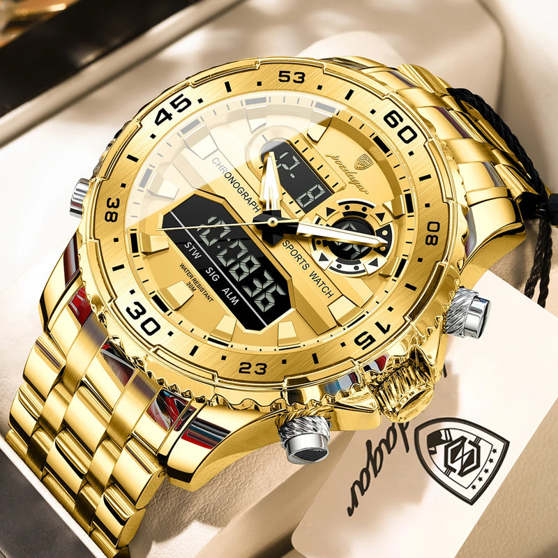 POEDAGAR Top LED Man Clock Waterproof Electronic Luxury Men's Watches Dual Time Display Digital Stainless Steel Men Quartz Watch