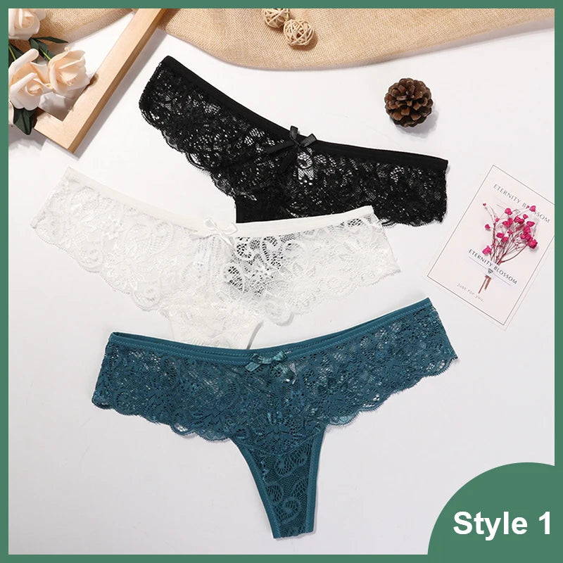 3 Pcs Woman Panties Sexy Lace Thong Underwear Lingerie Female T-back Temptation Low Waist Women Transparent G String