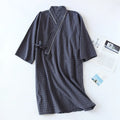KIDWHXR Man Summer Sleepwear Robe Japanese Plaid Lace-up Male Kimono Pajama Robe Loose Comfortable Mid Length Robe for Men