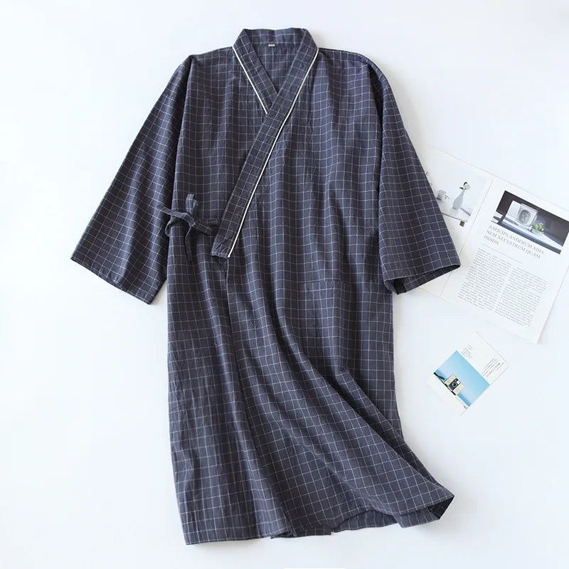 KIDWHXR Man Summer Sleepwear Robe Japanese Plaid Lace-up Male Kimono Pajama Robe Loose Comfortable Mid Length Robe for Men