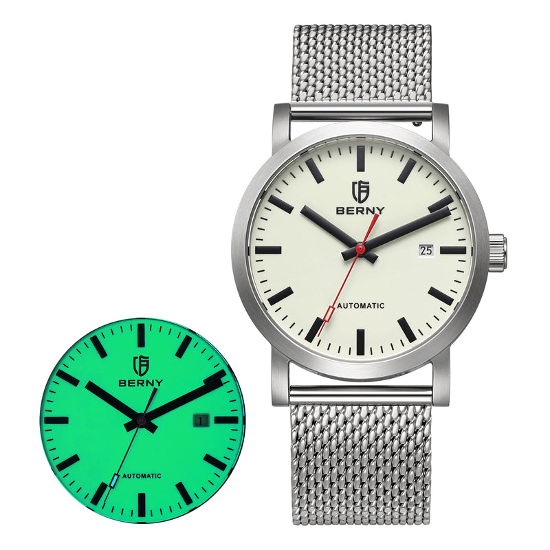 BERNY Automatic Men's Watch Top Brand Luminous 316L Stainless Steel Self-Wind Sapphire Wristwatch Mesh Belt Mechanical Men Watch