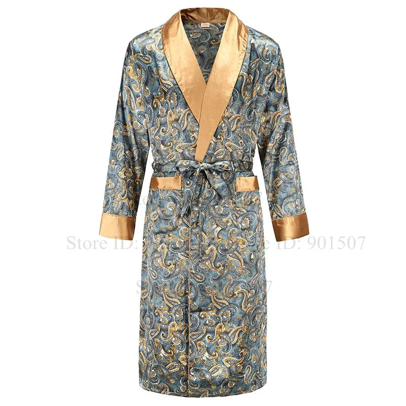 Ice Silk Robe Loose Nightwear Loungewear Male Casual Home Clothes Print Shirt&pants Summer Autumn New Bathrobe with Pocket