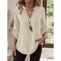 Women's Spring and Summer Fashion Loose Casual Shirt  Retro V-Neck Solid Color Blouse  Elegant Top for Young Women